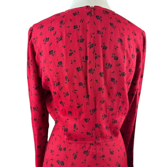 Reformation Red & Black Floral Print Mini Dress Bell Sleeve Ruffle Women's Large - Picture 8 of 16